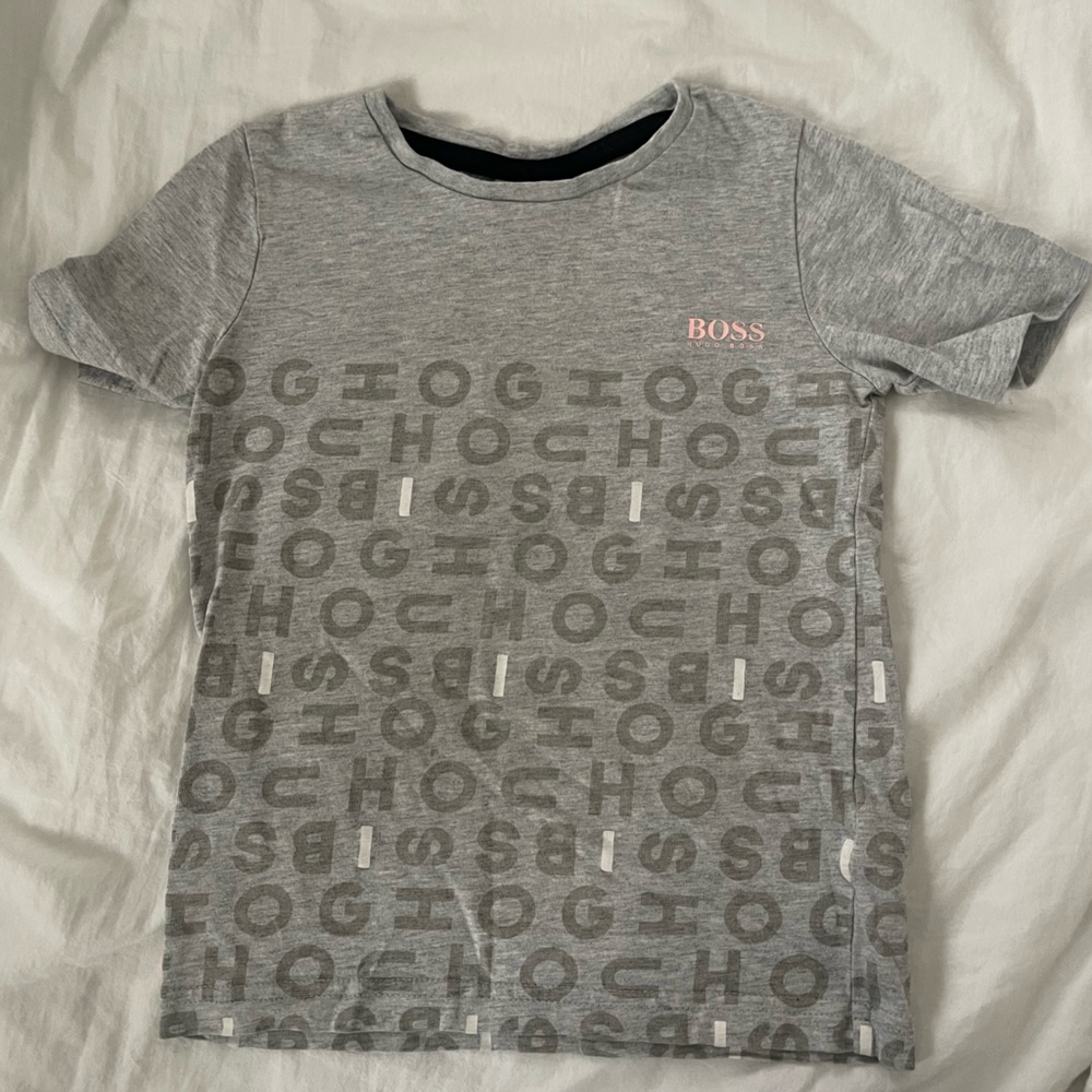 Kids Hugo Boss Gray Short Sleeve Tee with Letter Print